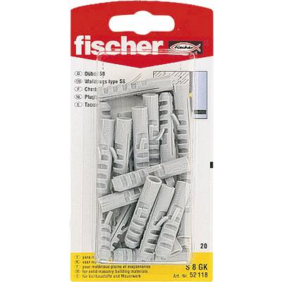 Paquet de chevilles grises Fischer de taille S8, contenant 20 pièces. L'emballage présente les chevilles rangées et prêtes à l'emploi.