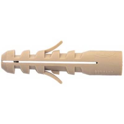 Un cheviller beige utilisé pour la fixation murale. Il présente plusieurs fentes latérales et convient à différentes tailles de vis.