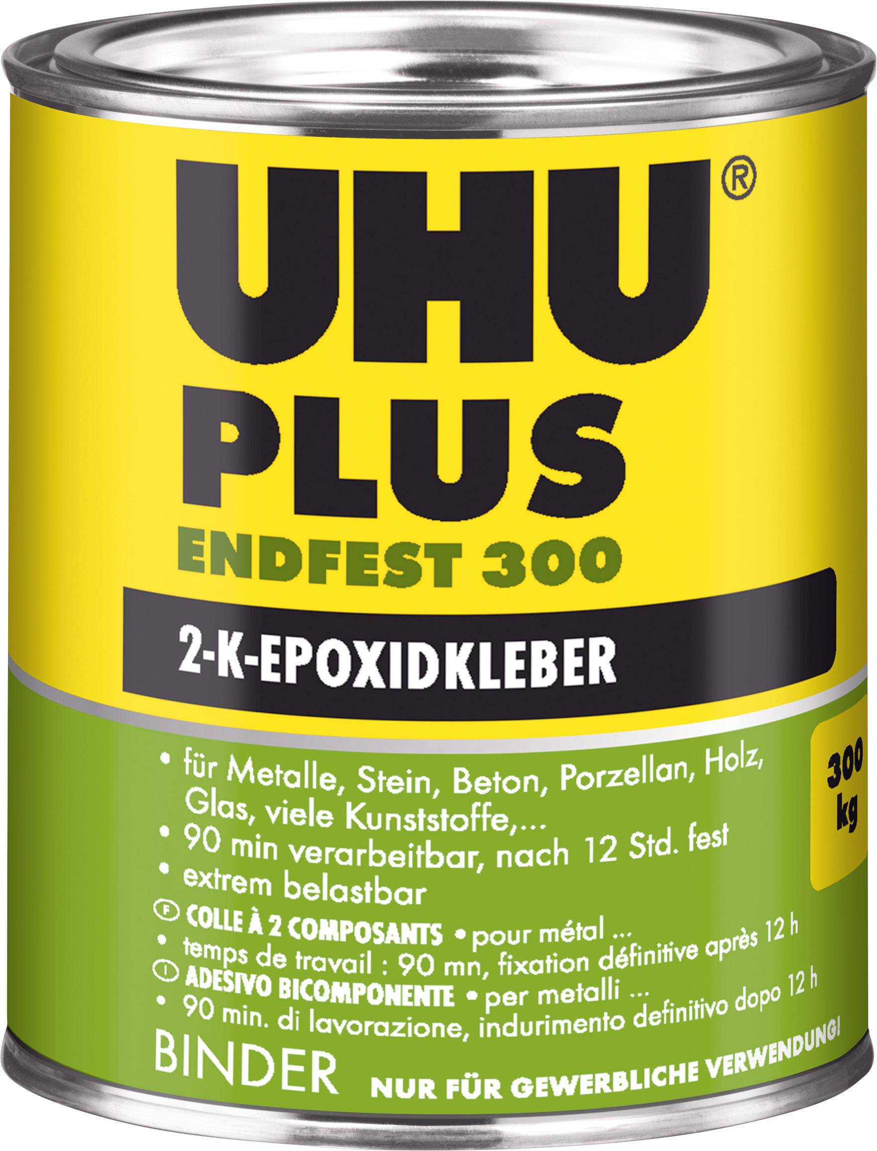 'Boîte avec UHU PLUS ENDFEST 300, un adhésif époxy bicomposant pour métaux, pierre, béton, porcelaine, bois, verre et plastiques.'