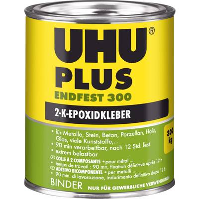 'Boîte avec UHU PLUS ENDFEST 300, un adhésif époxy bicomposant pour métaux, pierre, béton, porcelaine, bois, verre et plastiques.'