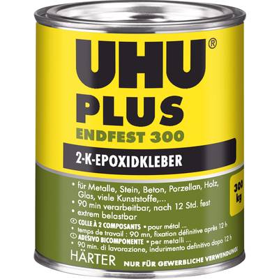 Une boîte de UHU Plus Endfest 300, un adhésif époxy à deux composants. Adapté aux métaux, pierre, béton, porcelaine, bois et matières plastiques.