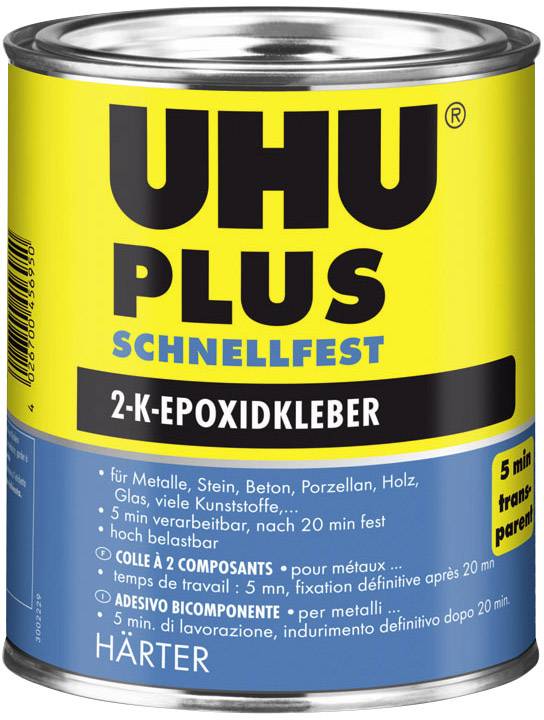 Dose UHU plus Schnellfest colle époxy bi-composante, adaptée aux métaux, pierre, béton, porcelaine, bois, verre. 5 minutes de temps de travail.