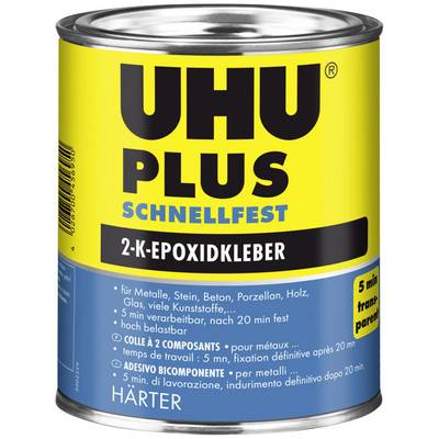 Dose UHU plus Schnellfest colle époxy bi-composante, adaptée aux métaux, pierre, béton, porcelaine, bois, verre. 5 minutes de temps de travail.