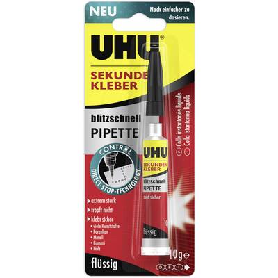 Emballage de la colle UHU instantanée avec pipette, 10g. Promet un collage ultra-rapide, ne goutte pas et tient sur de nombreux matériaux.