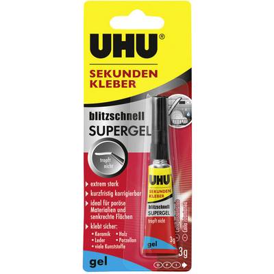 Colle UHU Sekundenkleber blitzschnell Supergel, tube de 3g. Extrêmement puissante, idéale pour les matériaux poreux. Reste ajustable brièvement, ne coule pas.