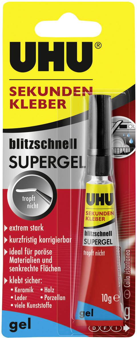 Colle UHU Sekundenkleber Supergel en emballage rouge. Adaptée aux matériaux tels que la céramique et le métal, ne goutte pas.