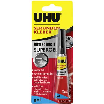 Colle UHU Sekundenkleber Supergel en emballage rouge. Adaptée aux matériaux tels que la céramique et le métal, ne goutte pas.