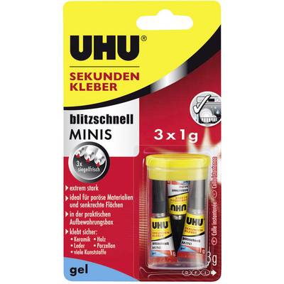 'Emballage de colle UHU instantanée Blitzschnell Minis, 3 tubes de 1g chacun. Adapté aux matériaux tels que la céramique, le métal, le cuir et plus encore.'