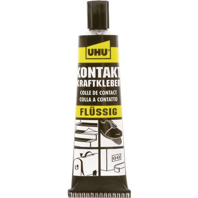 Un tube de colle contact UHU, à consistance liquide, pour une utilisation sur bois, cuir, métal et plus, au design jaune et noir.