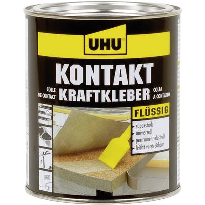 Colle de contact liquide 'Kraftkleber' de UHU. Extrêmement puissante, universelle, élastique en permanence, facile à étaler. Face avant de l'emballage.