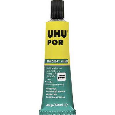 Tube de colle jaune 'UHU POR' pour polystyrène avec étiquette verte, 40g/50ml. Adapté aux mousses rigides, application flexible et résistante au vieillissement.