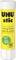 Colle en stick UHU, conteneur jaune avec un capuchon blanc, inscription : 'strong & fast, fort & rapide', sans solvant.