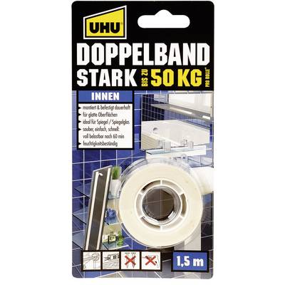 'Emballage de ruban adhésif double face UHU pour intérieur, supporte jusqu'à 50 kg, idéal pour surfaces lisses. Longueur : 1,5 m.'