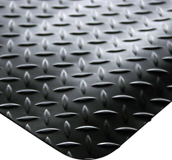 Surface en métal à motif de losanges noirs en gros plan, souvent utilisée pour les sols antidérapants ou les applications industrielles.
