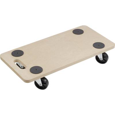 Chariot de transport en bois avec plateau rectangulaire plat, quatre roues noires pour déplacer facilement des objets lourds.