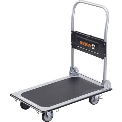 Un chariot de plateforme pliable avec une plateforme noire et un châssis argenté, adapté au transport de charges lourdes.