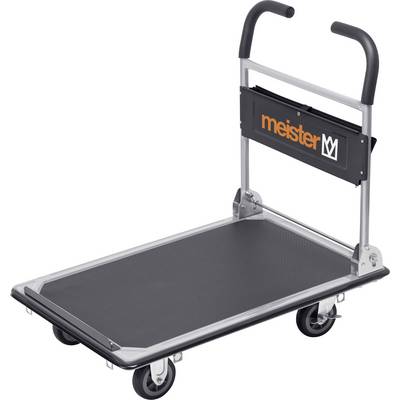 Chariot de transport avec châssis métallique et plateforme antidérapante noire. Quatre roues et une poignée sur laquelle est inscrit 'meister'.