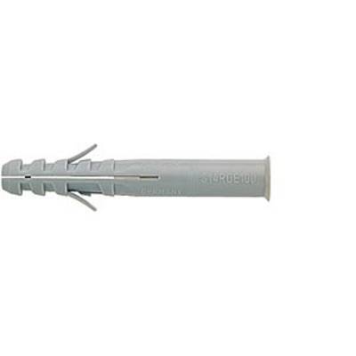 Un cheville en plastique grise pour fixation murale, avec des côtés striés et une extrémité fermée, sur un fond blanc.