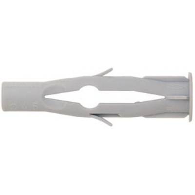 Cheville en plastique grise avec fentes, fermée sur le côté droit, pour la fixation de vis dans les murs.