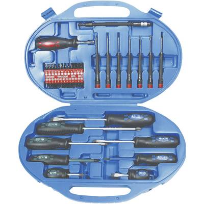 Une valise bleue contient un ensemble de tournevis de 18 pièces avec différentes tailles et types, idéal pour les projets de bricolage.