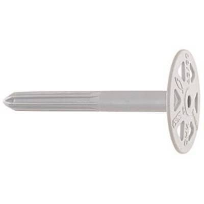 Un cheville universelle blanche, ronde, avec une tête plate et une tige en plastique crantée. Utilisée pour la fixation dans les murs.