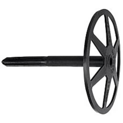 Cheville en plastique noir à grosse tête ronde et tige étroite. Utilisée pour la fixation de panneaux isolants sur les murs.
