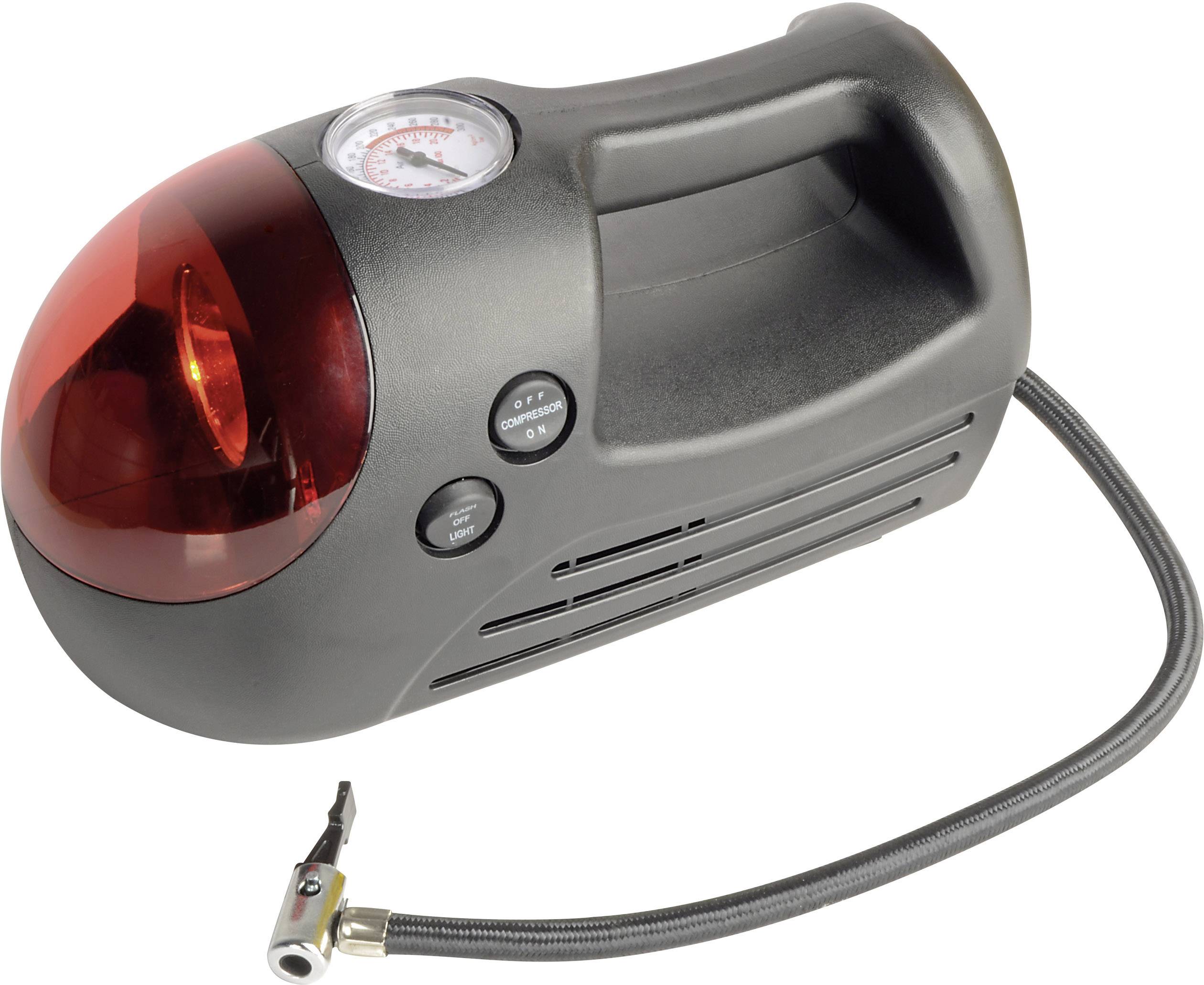 Compresseur d'air portable dans un boîtier noir avec un couvercle rouge. Manomètre placé en haut, tuyau avec raccord de valve situé sur le côté droit.