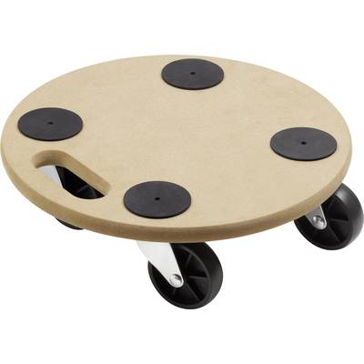 Un chariot de transport rond et plat en bois, équipé de quatre roulettes et muni de quatre surfaces antidérapantes noires sur le dessus.