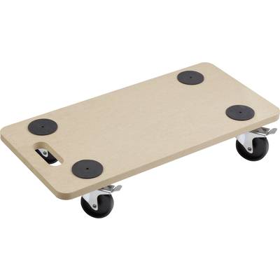 Un chariot de transport rectangulaire en bois, équipé de quatre roulettes noires et pourvu d'un trou de préhension pour déplacer facilement des objets.