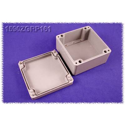 '1590ZGRP161' boîte de jonction rectangulaire en plastique grise, couvercle ouvert à côté, sur fond lilas.