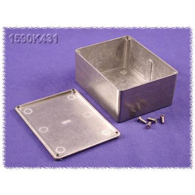 Boîtier métallique avec couvercle retiré et cinq vis à sa surface. Le boîtier est rectangulaire et offre de l'espace pour des composants électroniques.