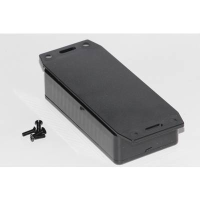 Boîtier en plastique noir rectangulaire avec deux petites vis à côté, sur fond blanc.