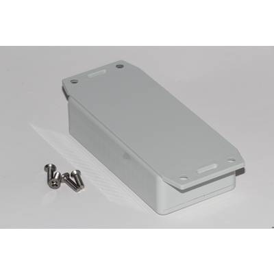 Un boîtier rectangulaire blanc en plastique avec quatre vis à côté, sur un fond blanc. Essentiel pour les montages électroniques.