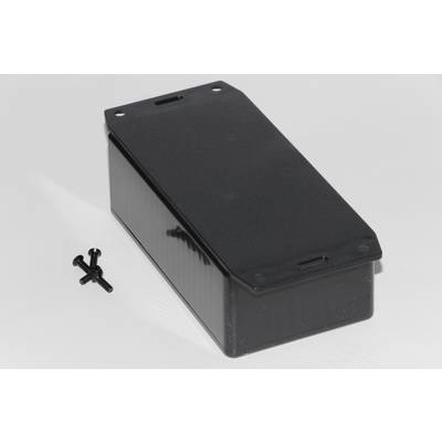 Boîtier en plastique noir rectangulaire avec un couvercle amovible, à côté duquel deux petites vis noires sont posées sur un fond blanc.