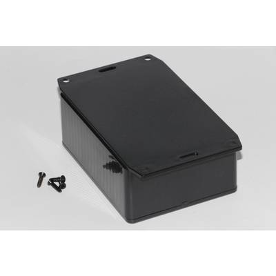 Un boîtier rectangulaire noir avec un couvercle amovible à côté de quatre petites vis, adapté au montage électronique.
