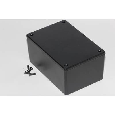 Boîtier rectangulaire noir avec quatre vis ; adapté aux projets électroniques ou aux modules DIY.
