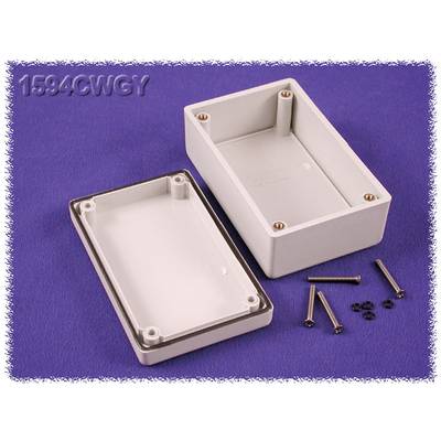 Boîtier en plastique en deux parties, rectangulaire, avec des vis de fixation, sur fond violet.
