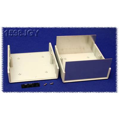 Ensemble de boîtier composé de deux pièces en plastique blanc sur un fond bleu, l'un ouvert, avec des vis et des pièces en plastique noir.