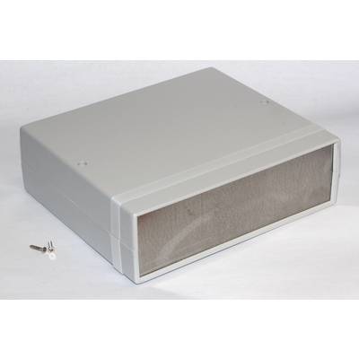 Boîtier rectangulaire gris en plastique avec des vis à côté à gauche, sur fond blanc. Adapté pour les appareils électroniques.