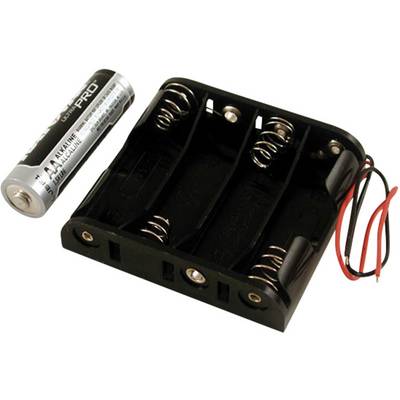 Un boîtier de support de batterie vide pour quatre piles AA est posé à côté d'une seule pile AA et montre des câbles rouges et noirs.