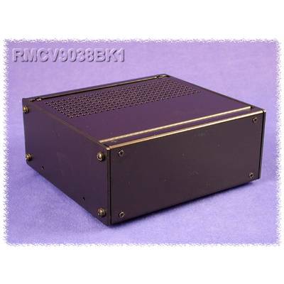 Un boîtier électronique noir rectangulaire avec des ouvertures de ventilation en haut, sur un fond violet ; numéro de modèle 'RMCV9038BK1'.