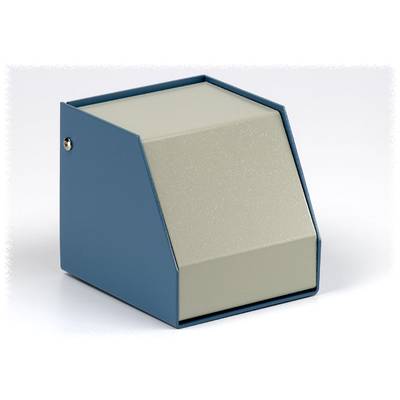 Une petite boîte bleue avec un couvercle incliné gris clair. La boîte est sobre et présente une surface structurée.