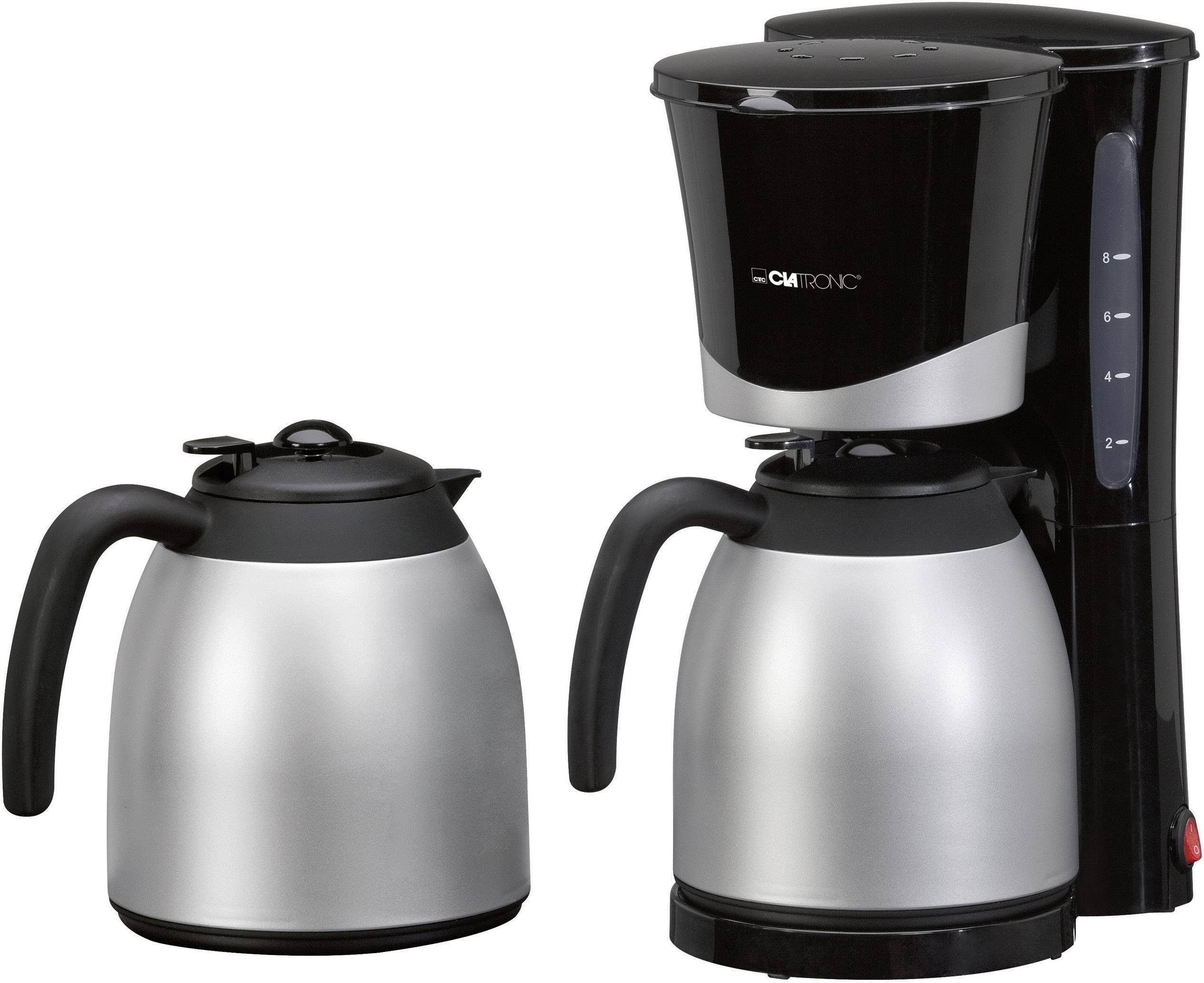 Machine à café filtre noire avec carafe en acier inoxydable et thermos supplémentaire à côté.