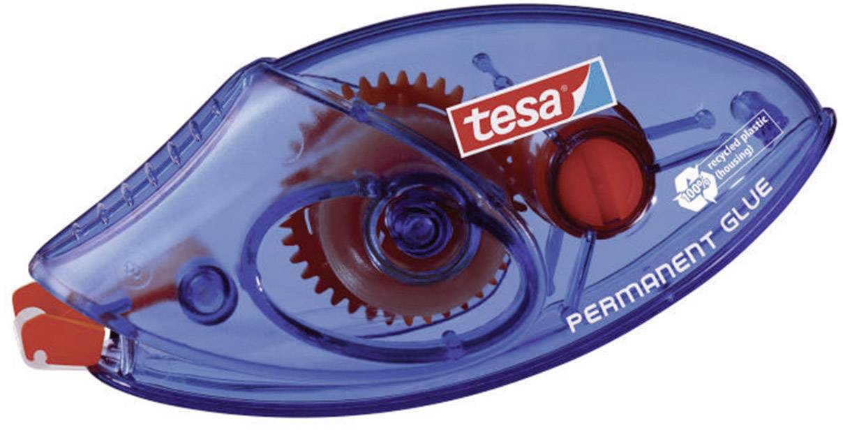 Un rouleau de colle transparent bleu de Tesa avec un engrenage rouge, étiqueté 'Permanent Glue'.