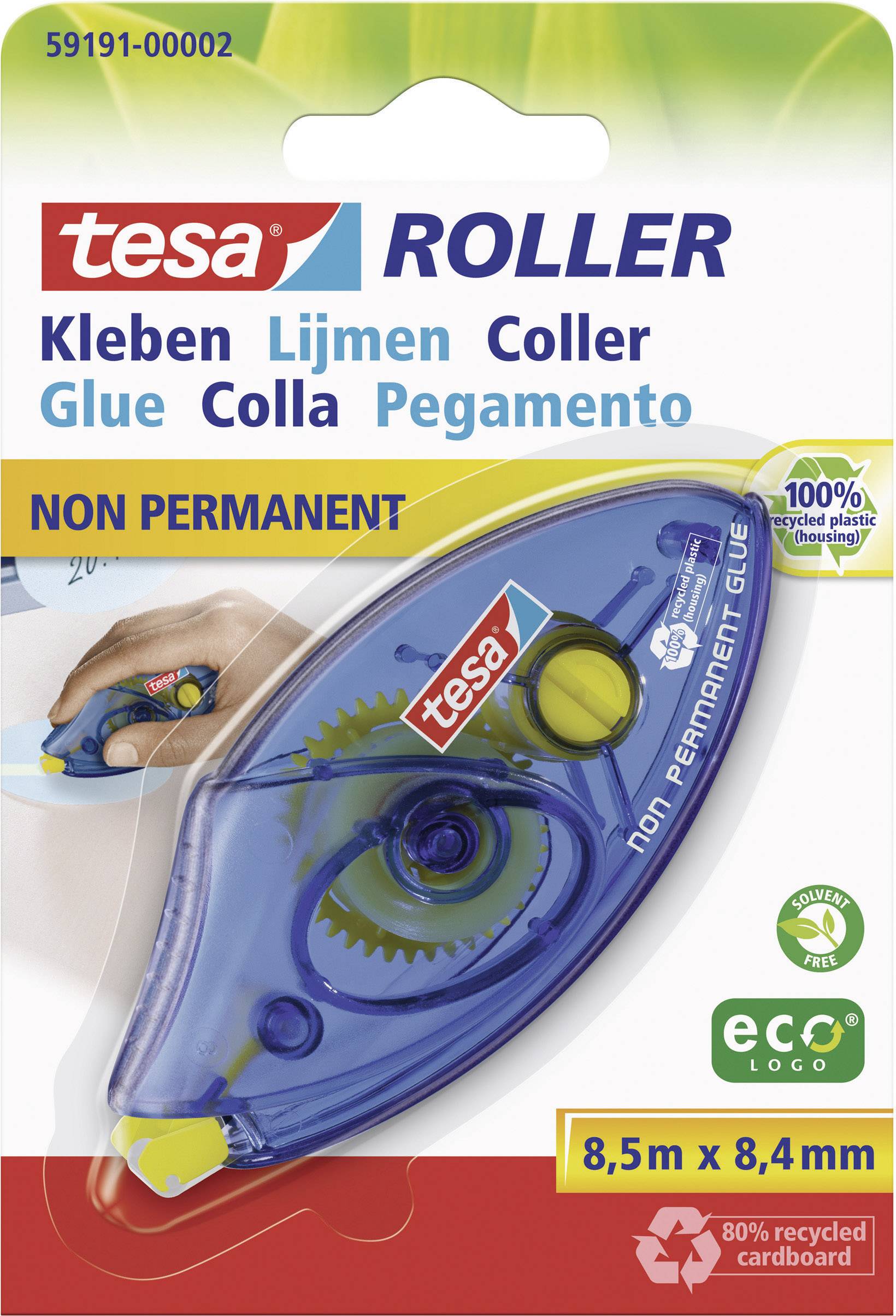 Un dérouleur Tesa pour collage non permanent, boîtier bleu, 8,5 m x 8,4 mm, en plastique 100 % recyclé. Emballage en carton recyclé à 80 %.