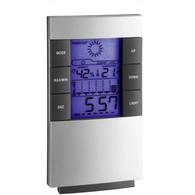 Un thermomètre et hygromètre numérique avec écran LCD affiche une température de 21,1°C, une humidité de 42%, et un symbole de prévision météorologique représentant le soleil.