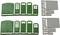 Portes et fenêtres de modélisme vertes et éléments muraux gris dans deux ensembles, adaptés à l'installation sur des projets de construction miniatures.