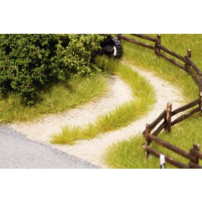 Un chemin étroit et sablonneux traverse entre deux clôtures en bois en direction d'un grand buisson vert. Des herbes poussent le long du chemin.