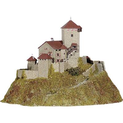 Modèle d'un château médiéval sur une colline, avec plusieurs tours et un mur d'enceinte.