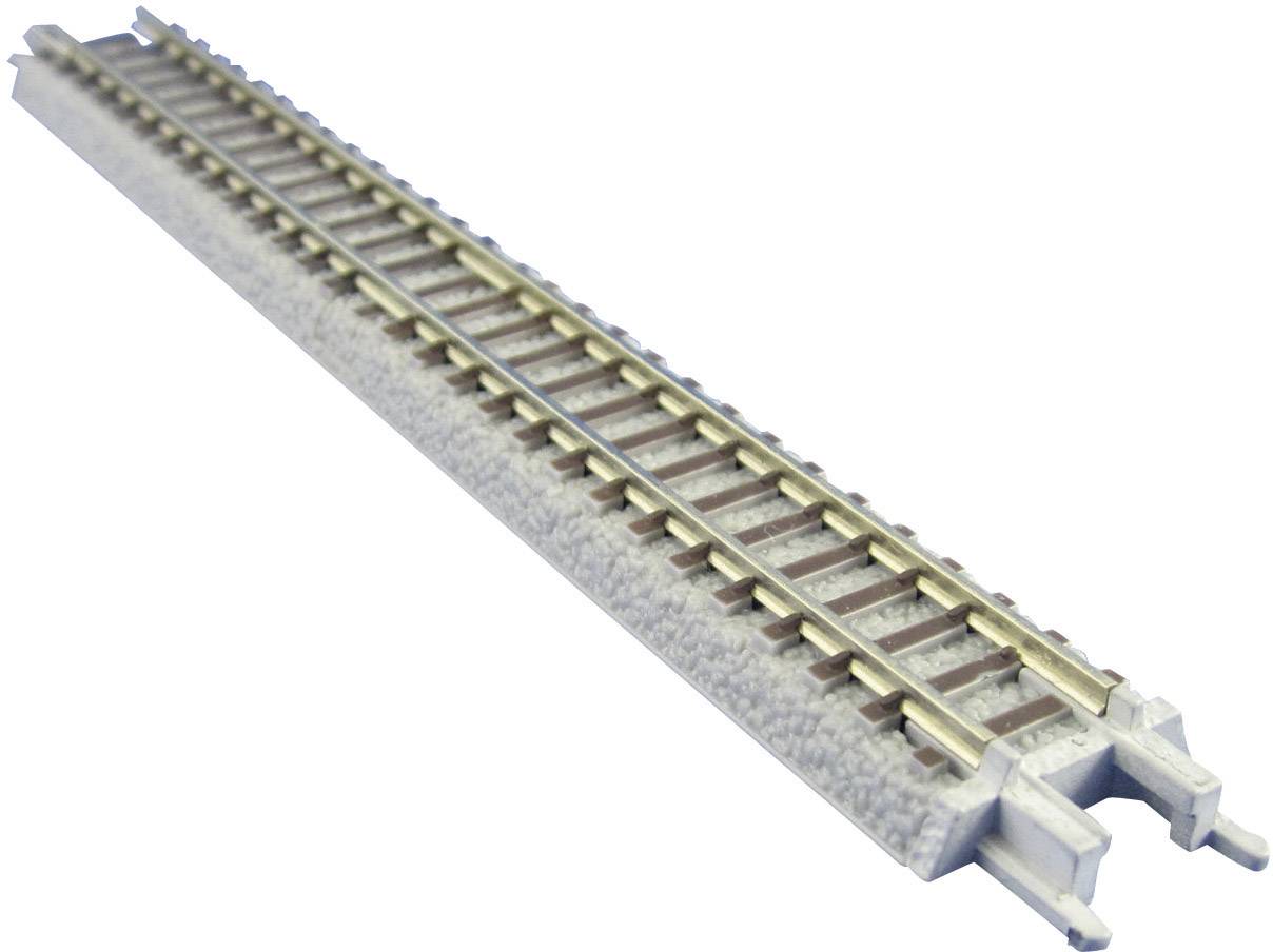 Un tronçon de voies de chemin de fer miniatures sur une base grise et blanche. Idéal pour la construction de réseaux ferroviaires miniatures à l'échelle.